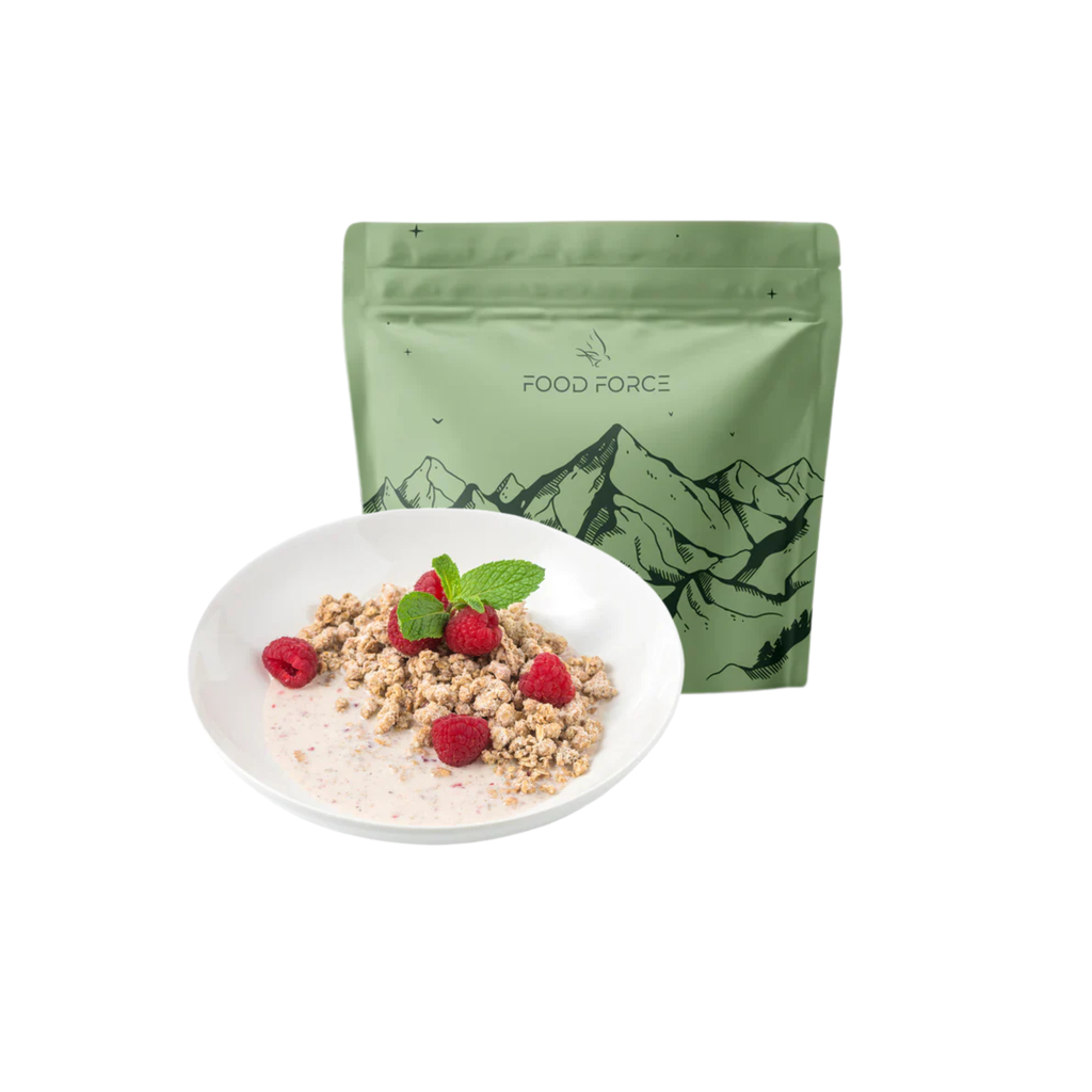 Green packaging labeled 'Food Force Granola Muesli with Raspberries' with a plate of cereal and raspberries on a white background