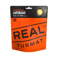 Packaged food product with 'Real Turmat Beef and Potato Stew' branding on an orange and black package.