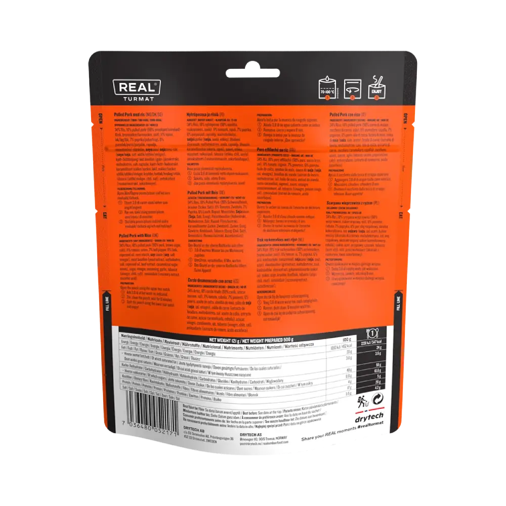 Back view of a Real Turmat Pulled Pork product packaging with text and branding on an orange and black background