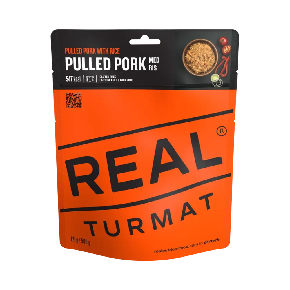 Packaged food product with 'Real Turmat pulled pork' branding on an orange and black label.