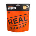 Packaged food product with 'Real Turmat Reindeer Stew' branding on an orange and black label.