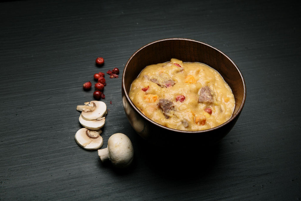 Bowl of food with mushrooms and berries on a dark surface