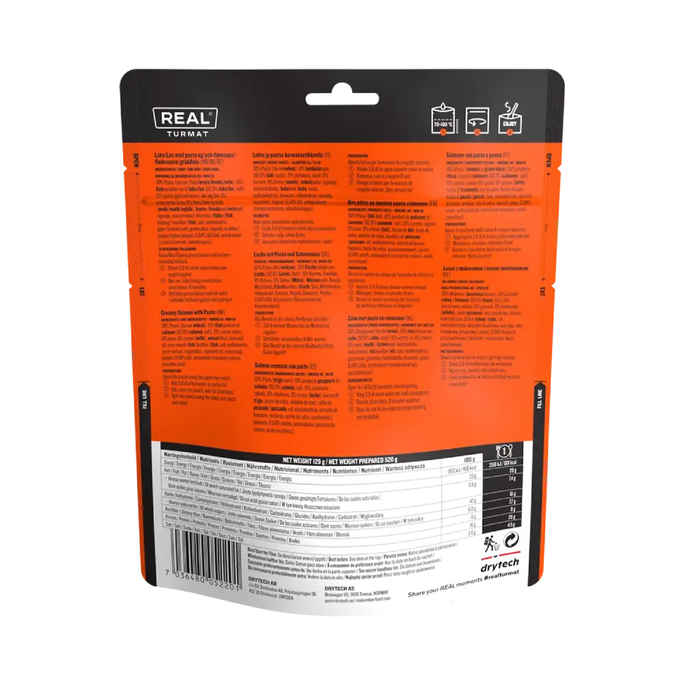 Back view of a product packaging with text and labels on an orange and black background