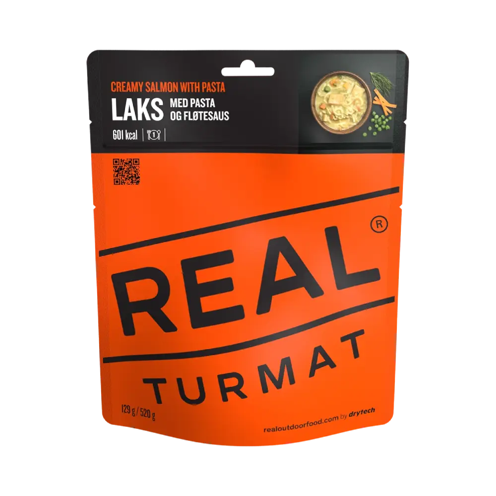 Orange and black package of Real Turmat with text and QR code on a white background