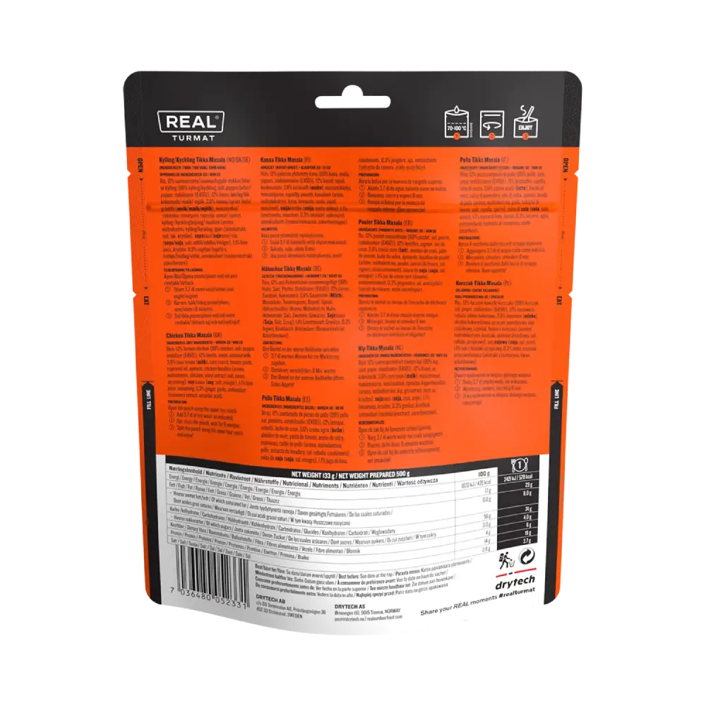 Back view of a  Real Turmat Tikka Masala product packaging with text and branding on an orange background