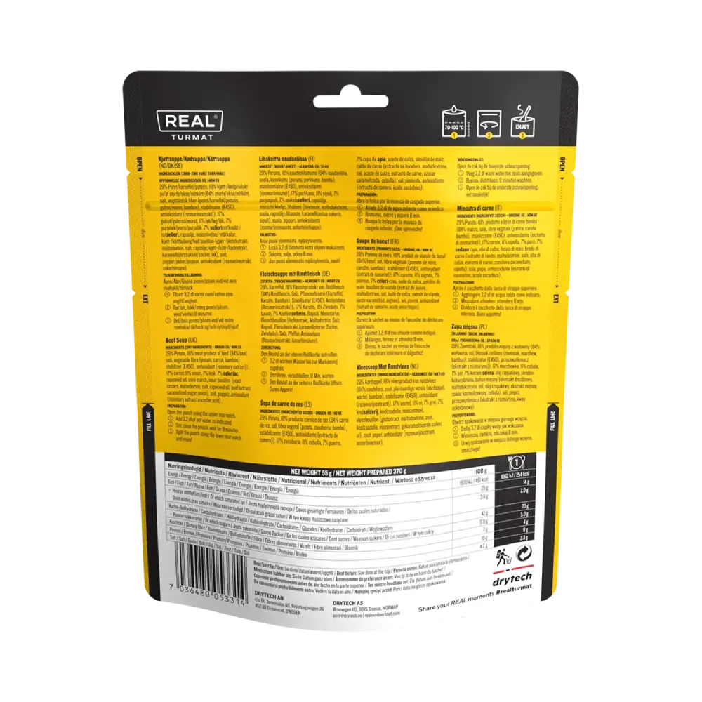 Back view of a yellow and black  Real Turmat Beef Soup  package with text and a barcode on a white background