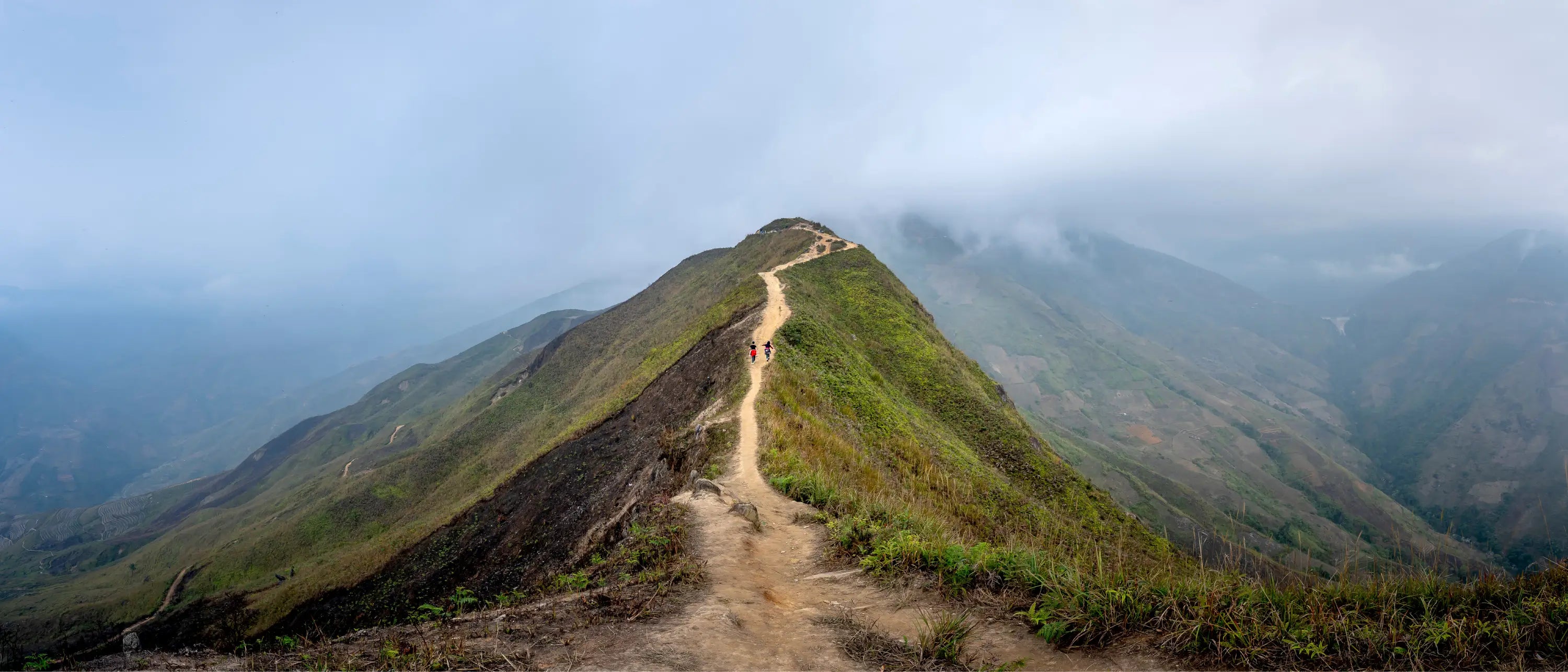 Path leading to a mountain peak with misty surroundings