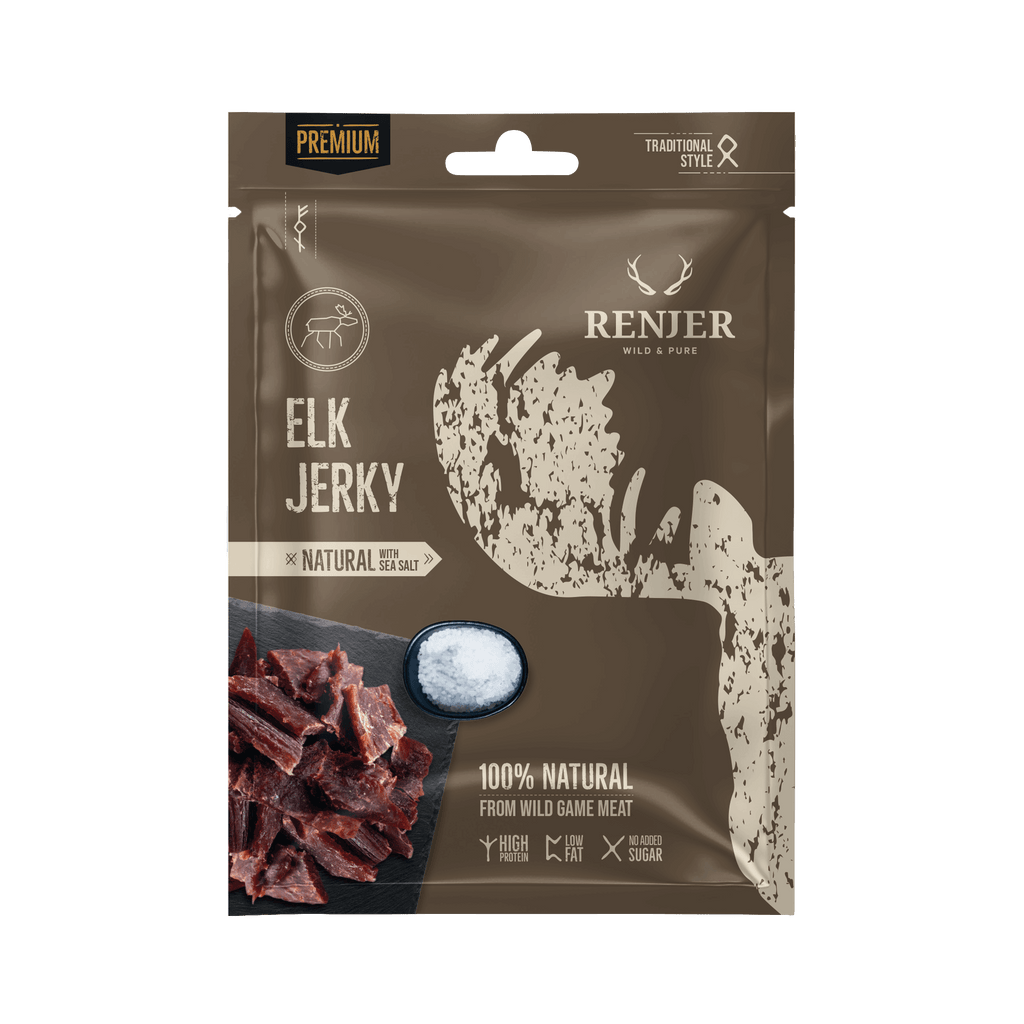 Renjer Elk Jerky packaging with a dark background