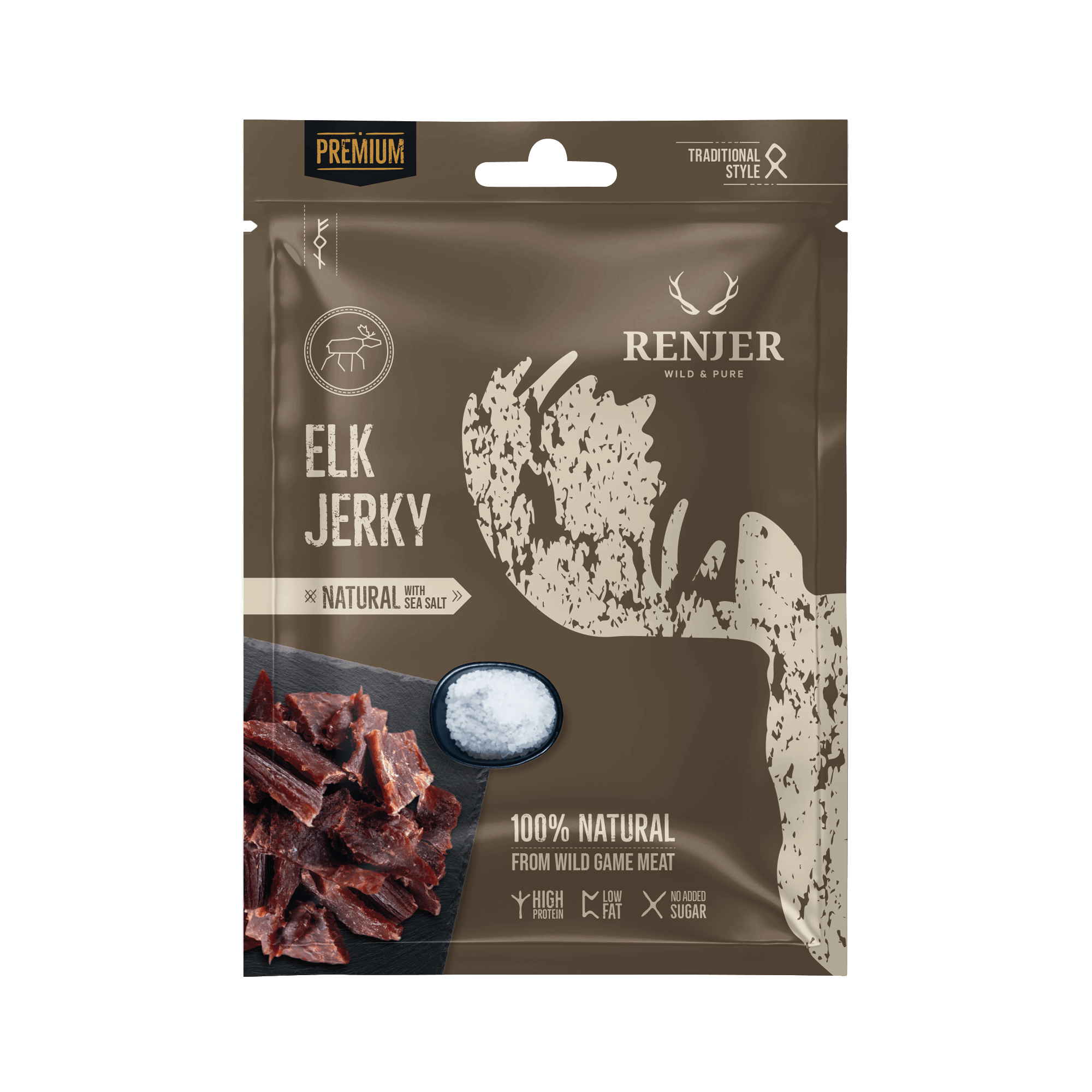 Renjer Elk Jerky packaging with a dark background
