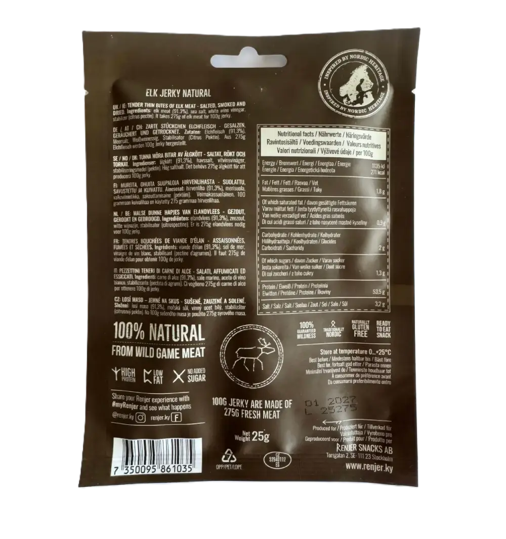 Brown package Renjer Elk Jerky  with nutritional information on a white background