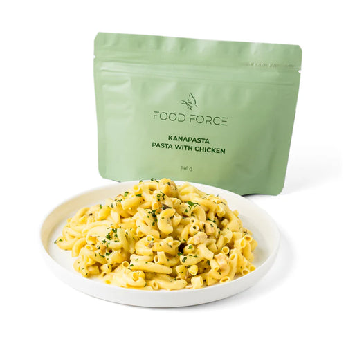 Food Force Pasta with Chicken served on a plate with pouch in the background