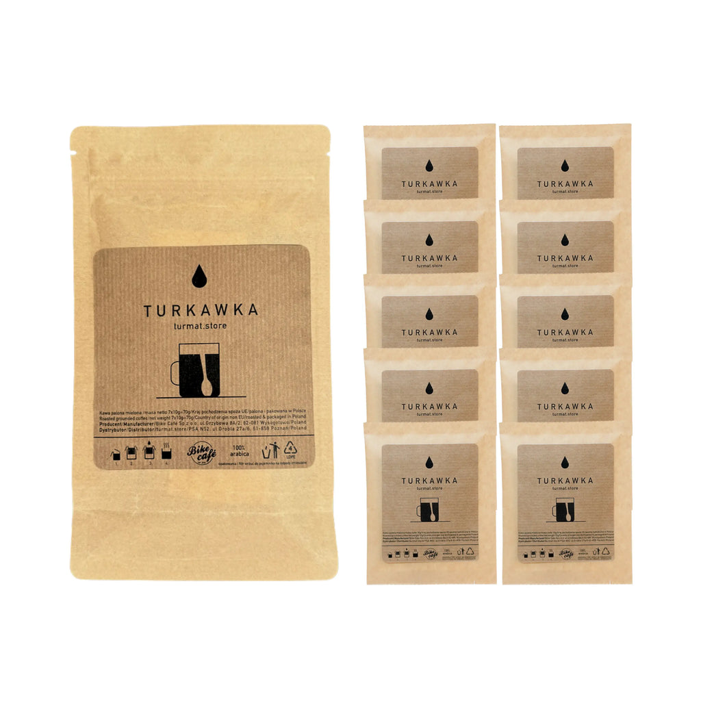 Turkawka drip bag coffee packaging including a large brown bag and multiple smaller packages on a white background