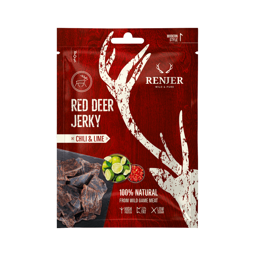 Red deer jerky package with 'Renjer' branding on a red background