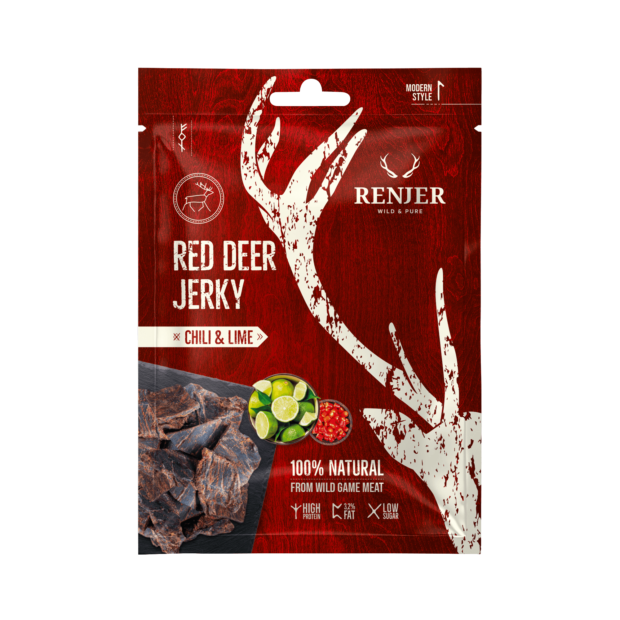 Red deer jerky package with 'Renjer' branding on a red background