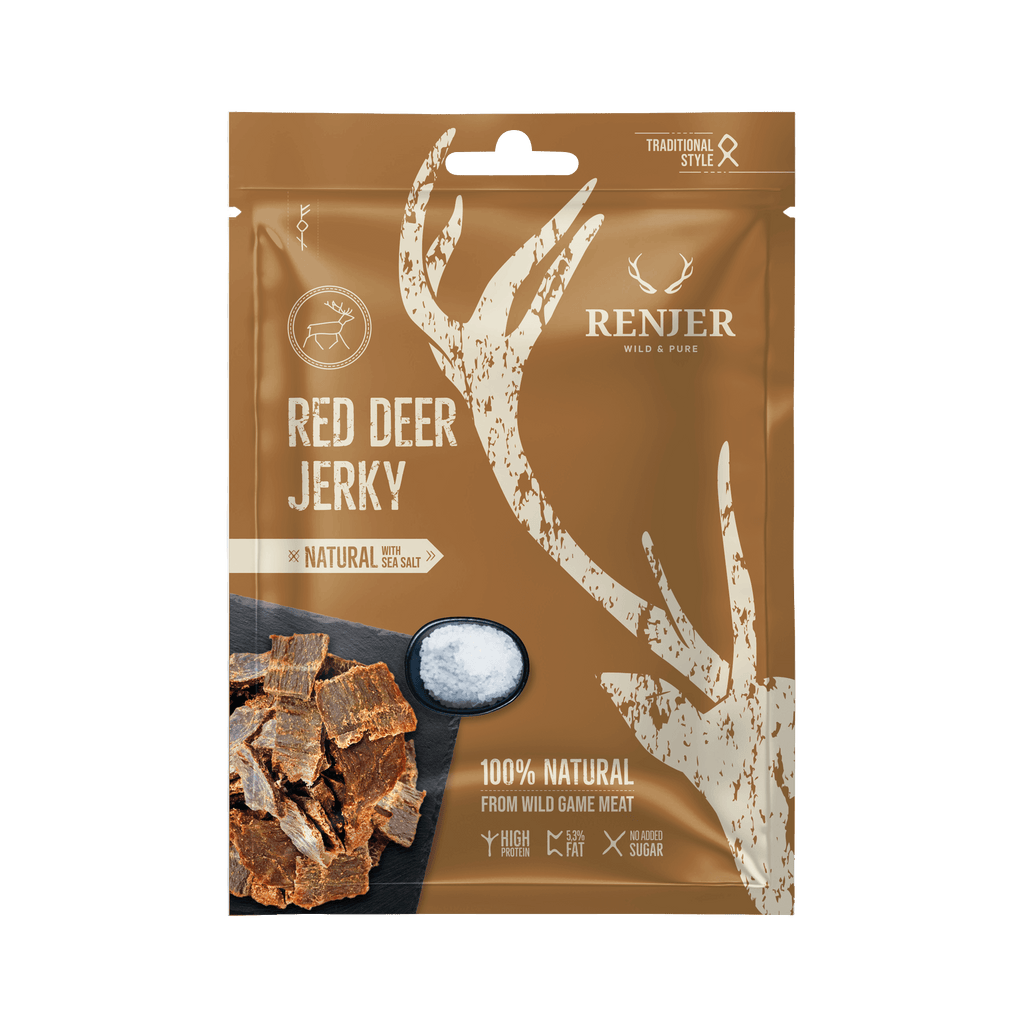 Packaging of Renjer Red Deer Jerky with deer antlers on a brown background