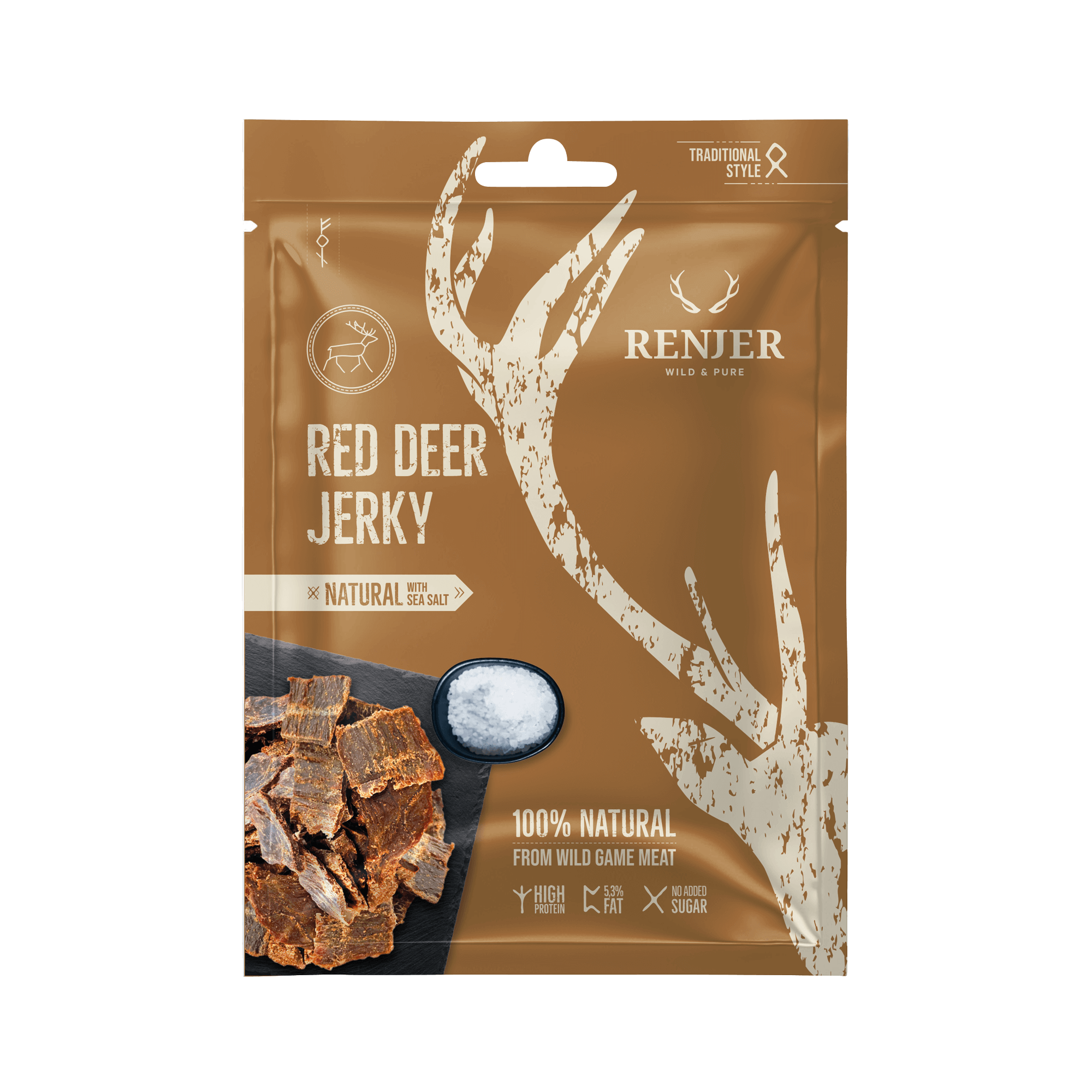 Packaging of Renjer Red Deer Jerky with deer antlers on a brown background
