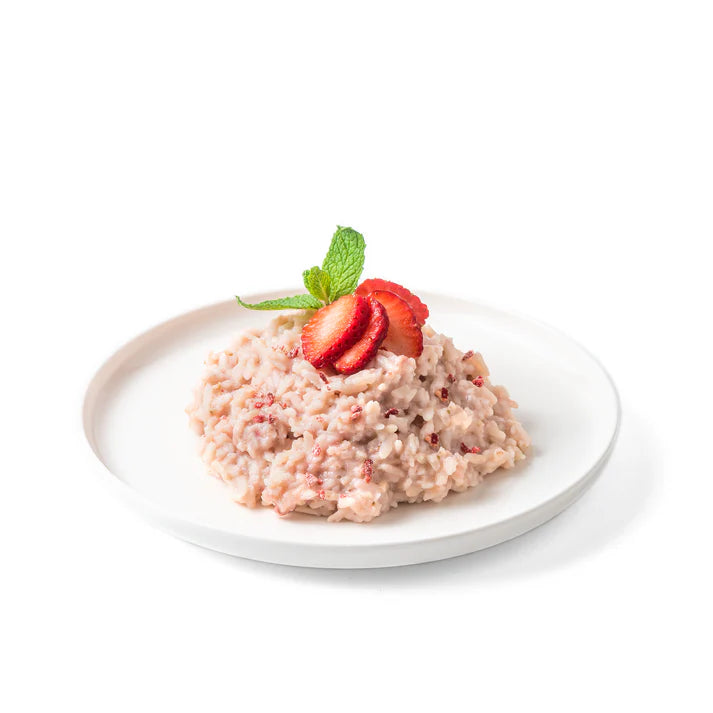 Food Force Rice Porridge with Strawberries prepared on a plate