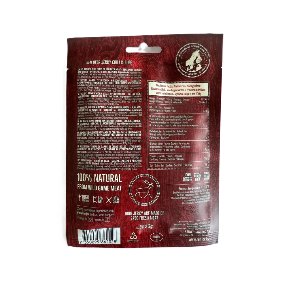 Back view of a red package Renjer Red Deer Jerky  with nutritional information on a white background