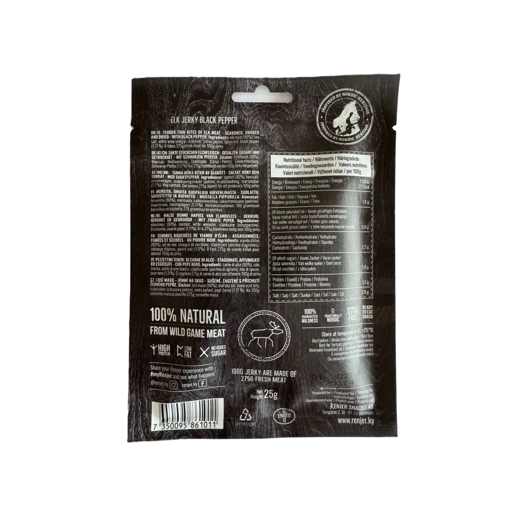 Brown package Renjer Elk Jerky Black Papper with nutritional information on a white background