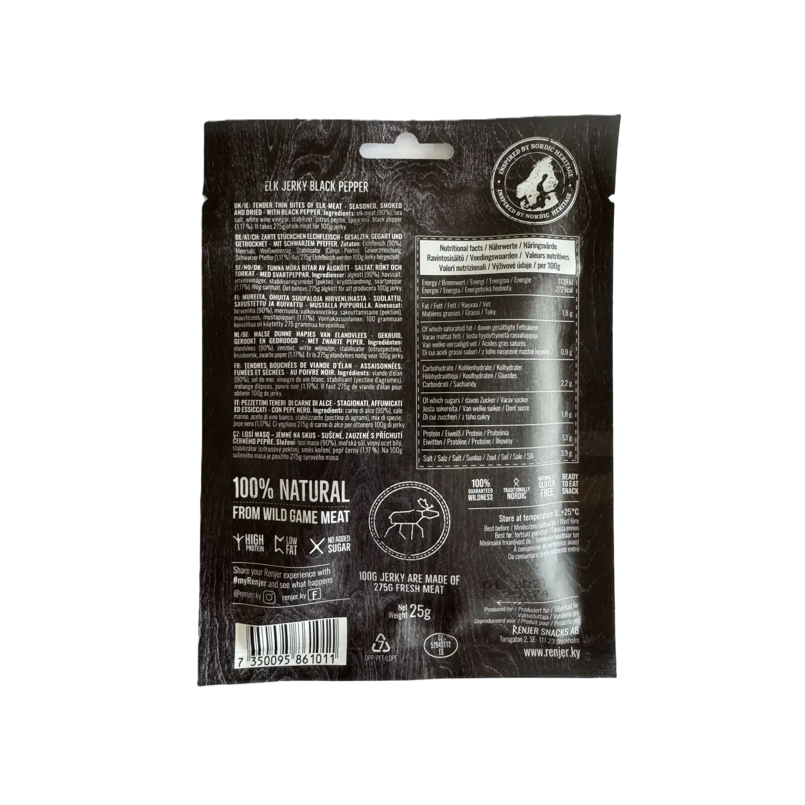 Brown package Renjer Elk Jerky Black Papper with nutritional information on a white background