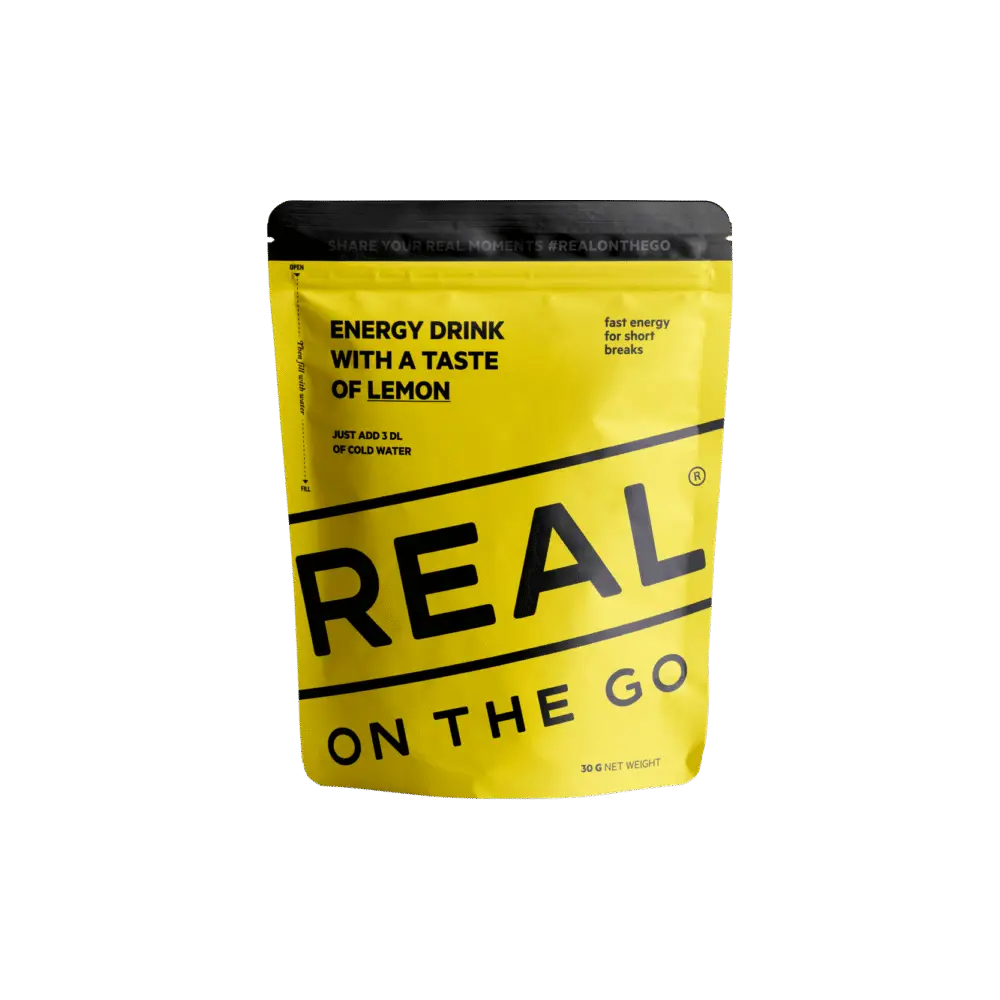 Yellow Real On The Go energy drink  with a taste of lemon package with black text on a white background