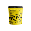 Yellow Real On The Go energy drink  with a taste of lemon package with black text on a white background