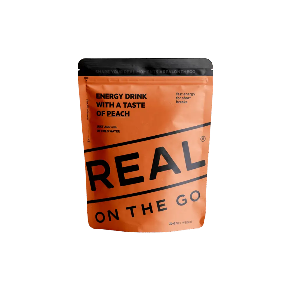 Orange Real On The Go energy drink with a taste of peach package with black text on a white background