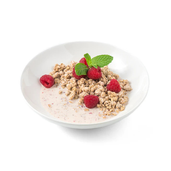 Food Force Granola Muesli with Raspberries prepared on a plate