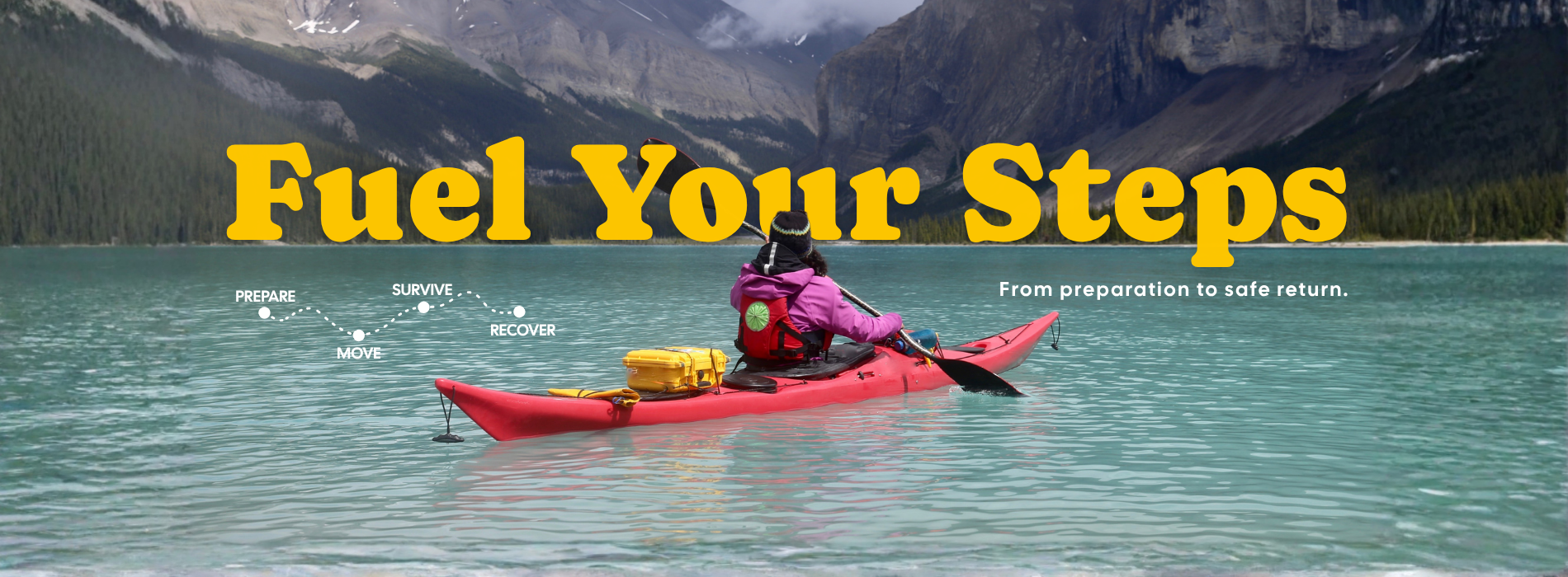 Person in a red kayak on a lake with mountains in the background, text 'Fuel Your Steps' overlayed.