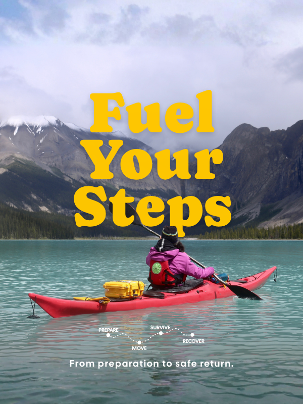 Person in a kayak on a lake with mountains in the background, text 'Fuel Your Steps' overlayed.