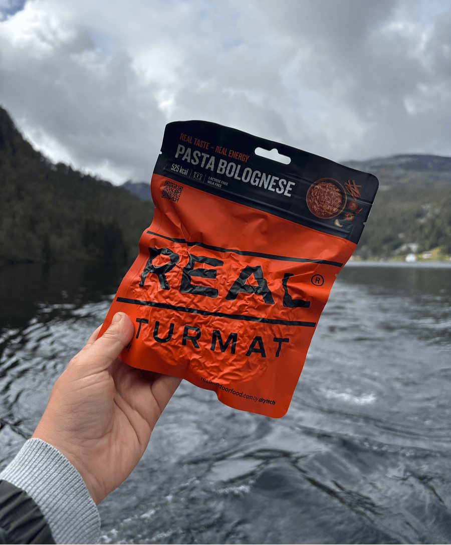 Real Turmat Pasta Bolognese with fjords in the background