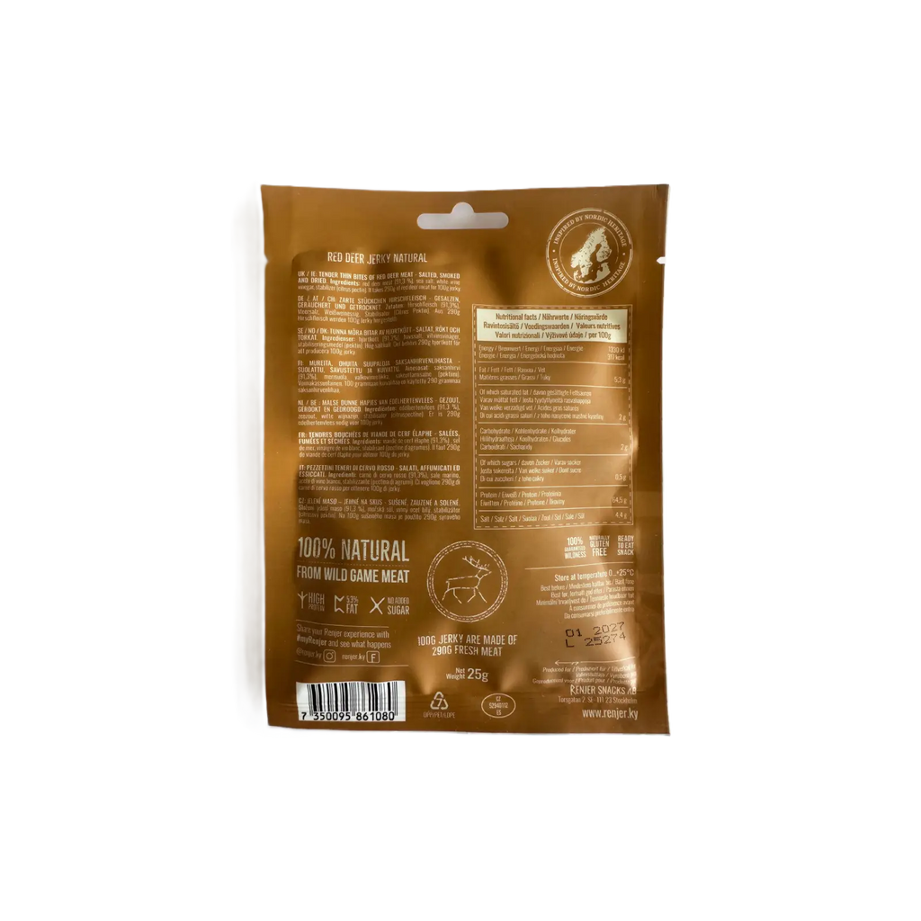 Brown package Renjer Red Deer Jerky  with nutritional information on a white background
