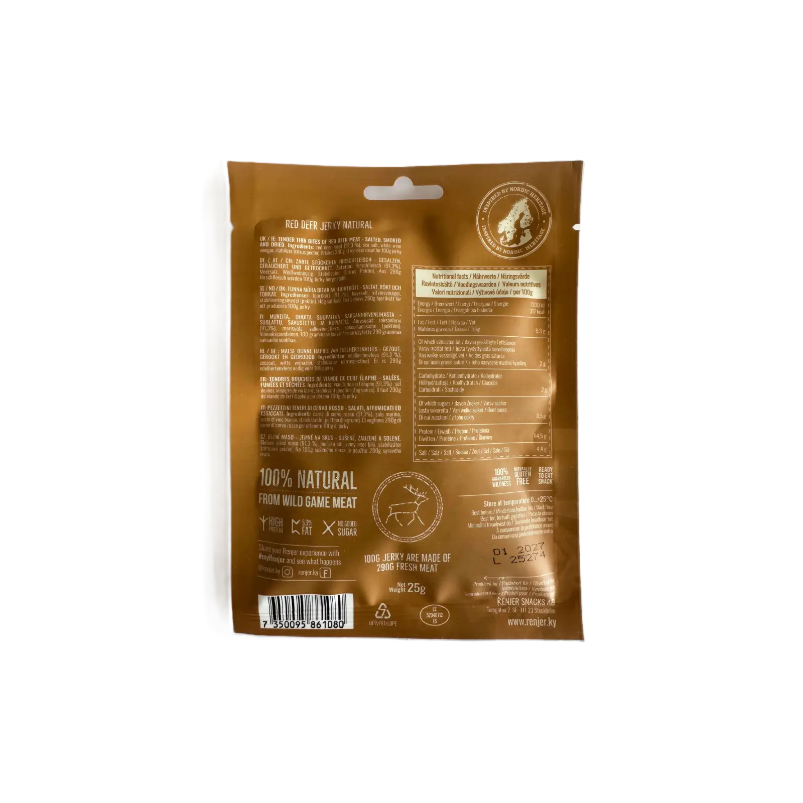 Brown package Renjer Red Deer Jerky  with nutritional information on a white background