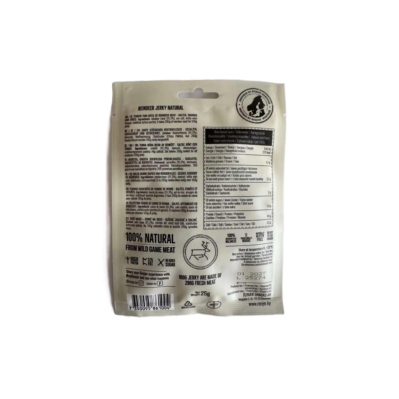 RENJER Reindeer Jerky Sea Salt 25g