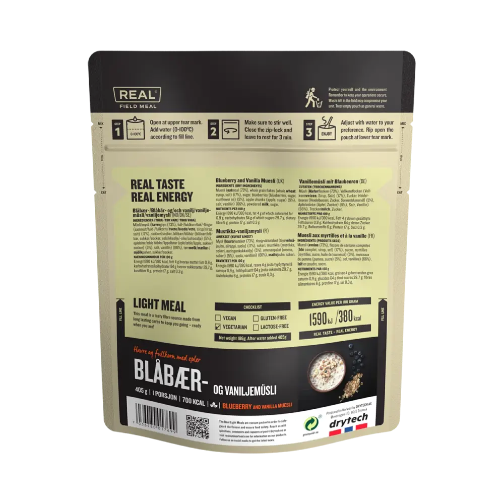 Back view of a product REAL Field Meal Blueberry and Vanilla Muesl  packaging with text and labels on  a white background